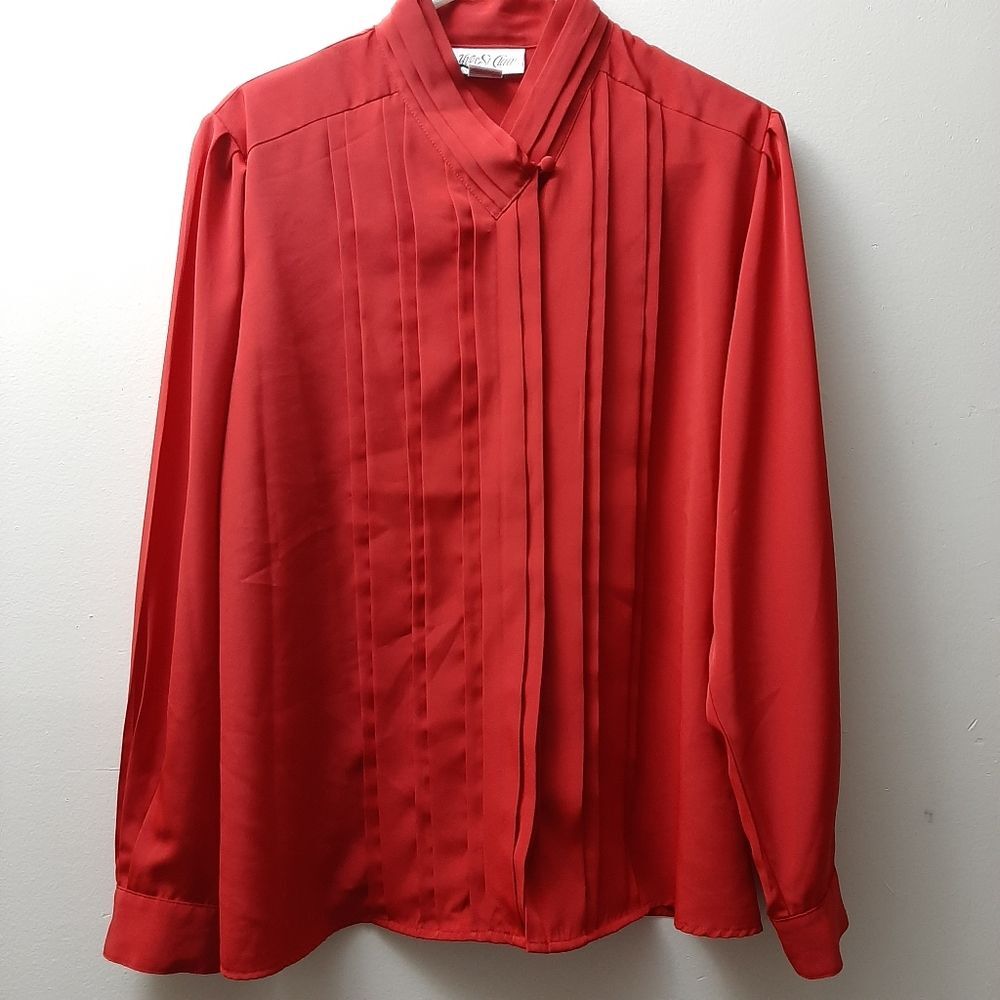 Vintage Yves St. Clair Red Pleated Button DownBlouse size 16